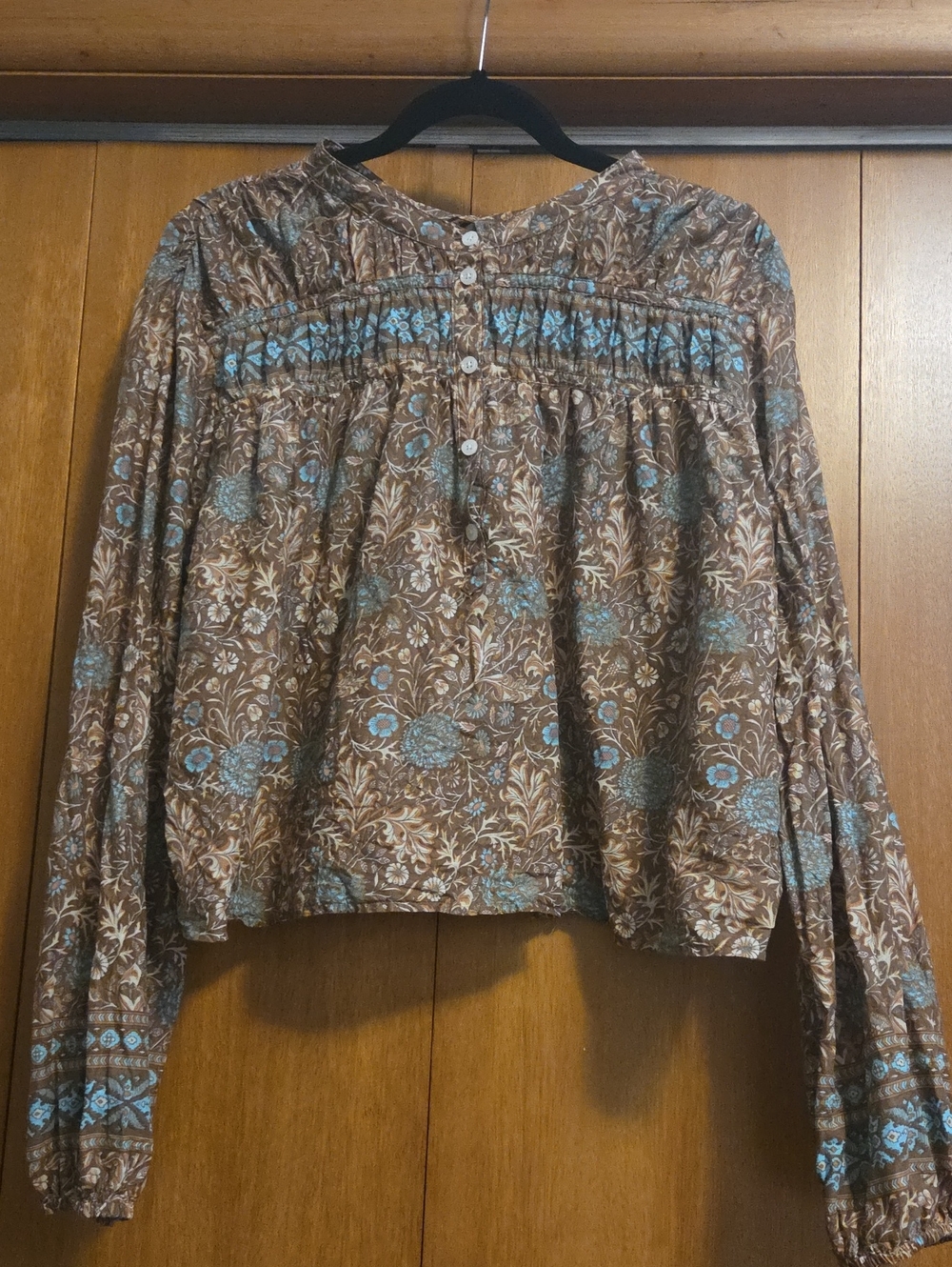 Stetson Brown Floral Smocked Button-Front Peasant Blouse with Light Blue Accents